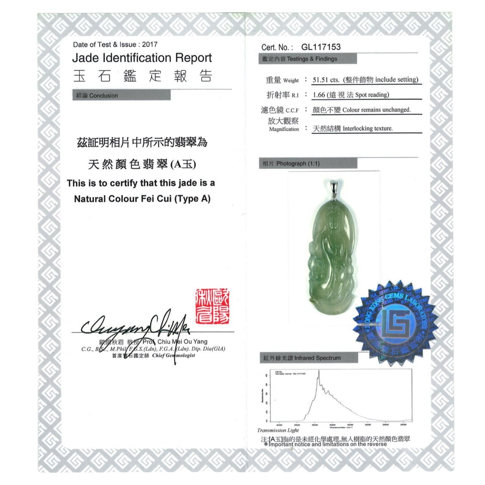 Light Green Jadeite Jade Quan Yin Pendant, Certified Untreated In New Condition For Sale In San Francisco, CA