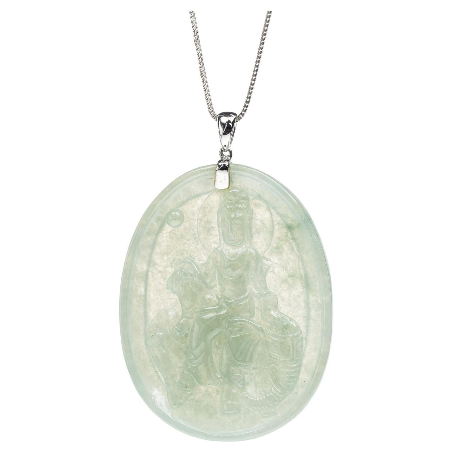 Light Green Jadeite Jade Quan Yin Pendant, Certified Untreated For Sale