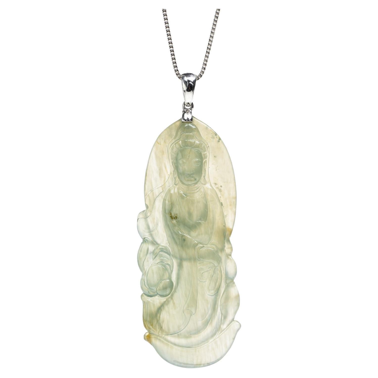 Light Green Jadeite Jade Quan Yin Pendant, Certified Untreated For Sale