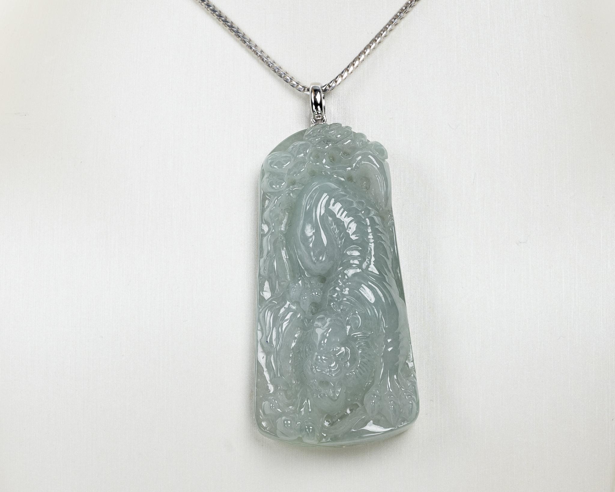 Light Green Jadeite Jade Tiger Pendant, Certified Untreated For Sale at ...