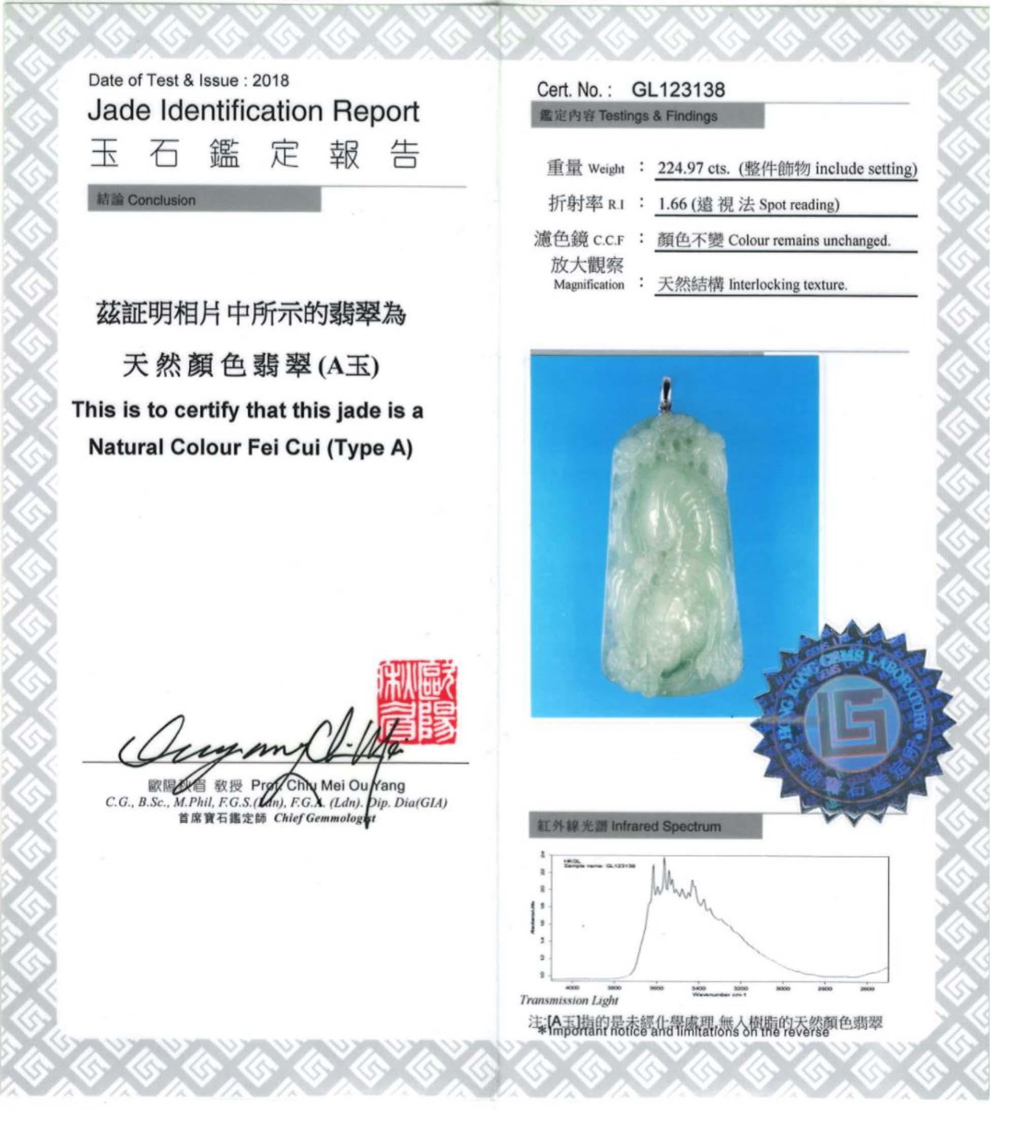 Light Green Jadeite Jade Tiger Pendant, Certified Untreated In New Condition For Sale In San Francisco, CA
