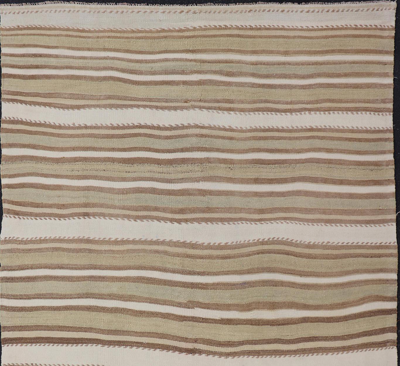 Hand-Woven Light Green, Light Brown, Tan and Taupe Vintage Turkish Striped Kilim Rug For Sale