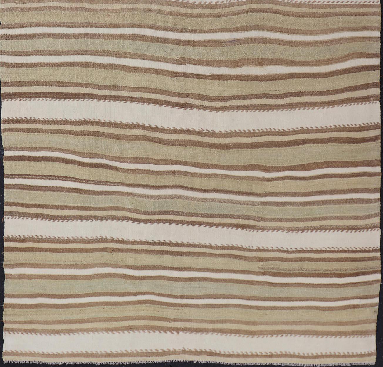 20th Century Light Green, Light Brown, Tan and Taupe Vintage Turkish Striped Kilim Rug For Sale
