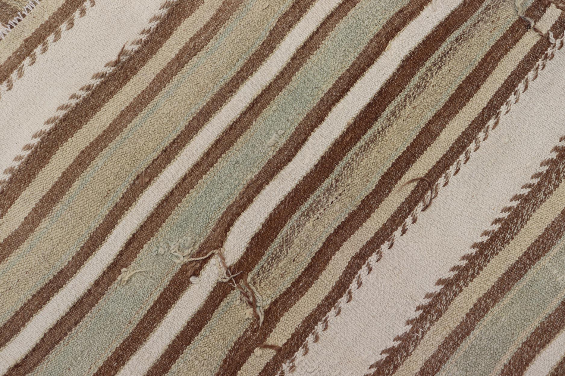 Wool Light Green, Light Brown, Tan and Taupe Vintage Turkish Striped Kilim Rug For Sale