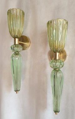Light Green Mid-Century Modern Murano Glass & Brass Sconces, Barovier Italy 1960