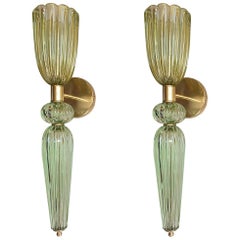 Light Green Mid-Century Modern Murano Glass & Brass Sconces, Barovier Italy 1960