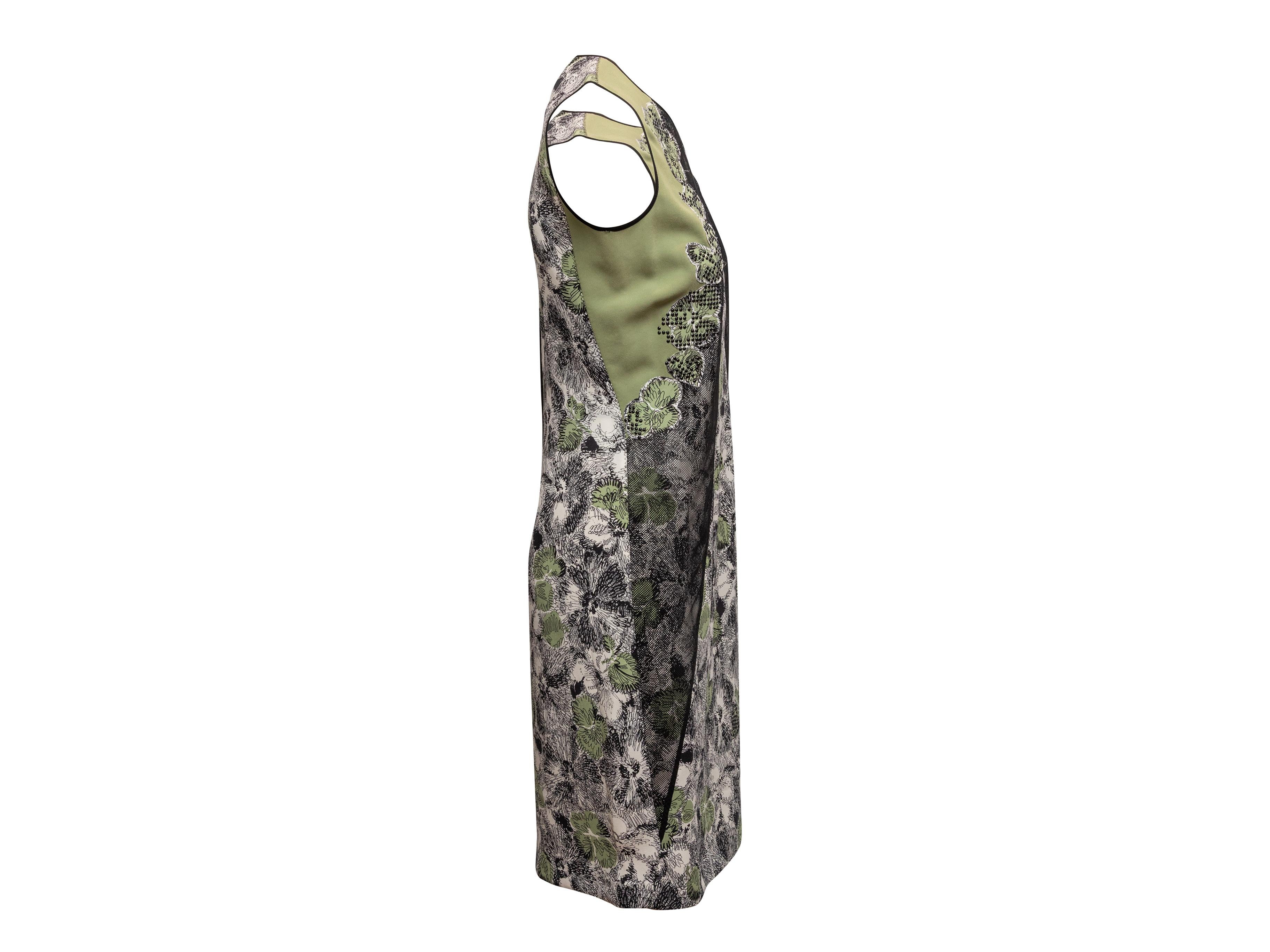 Light green, white, and black silk floral print sleeveless dress by Bottega Veneta. Crew neck. Zip closure at back. 32