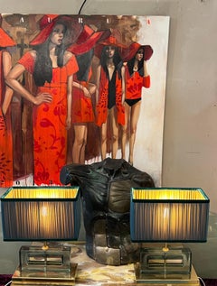 Light Green Murano Glass Blocks Lamps with Our Matching Lampshades, 1970s