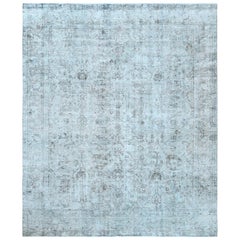Light Green Old Overdyed Persian Tabriz Clean Hand Knotted Wool Oriental Rug
