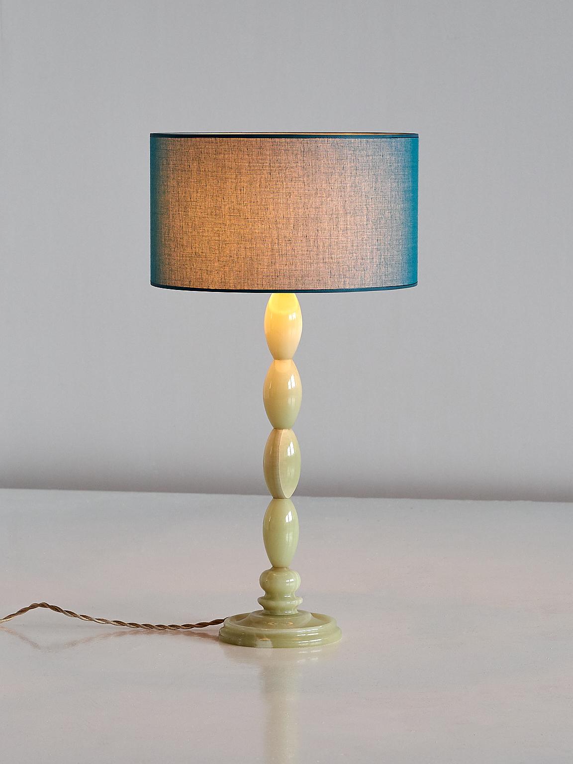 Modern Light Green Onyx Table Lamp with Stacked Oval Base and Blue Shade, France, 1970s