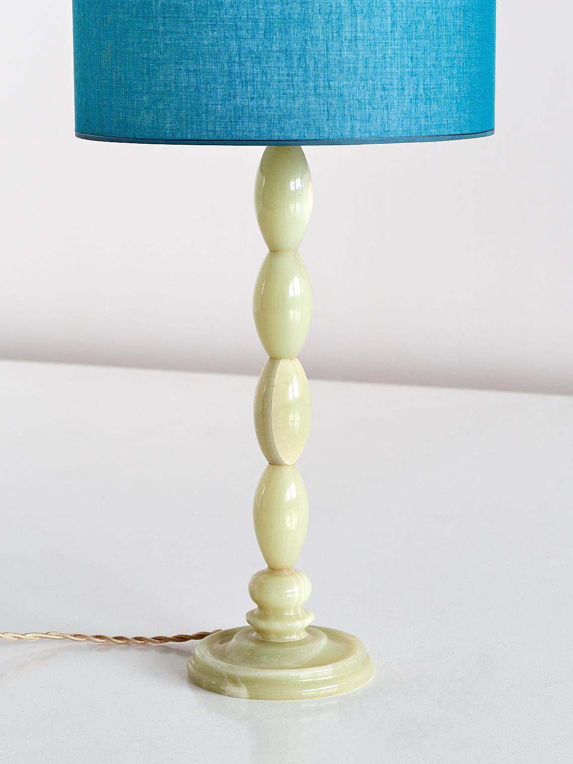 French Light Green Onyx Table Lamp with Stacked Oval Base and Blue Shade, France, 1970s
