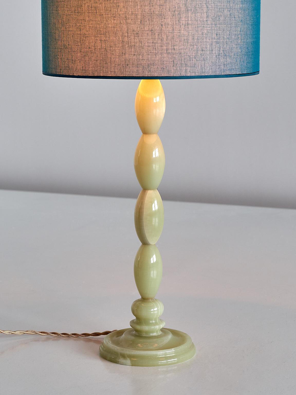 Late 20th Century Light Green Onyx Table Lamp with Stacked Oval Base and Blue Shade, France, 1970s
