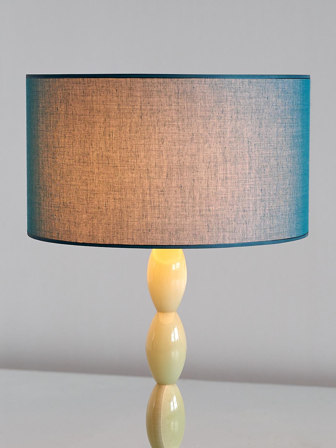Light Green Onyx Table Lamp with Stacked Oval Base and Blue Shade, France, 1970s 1