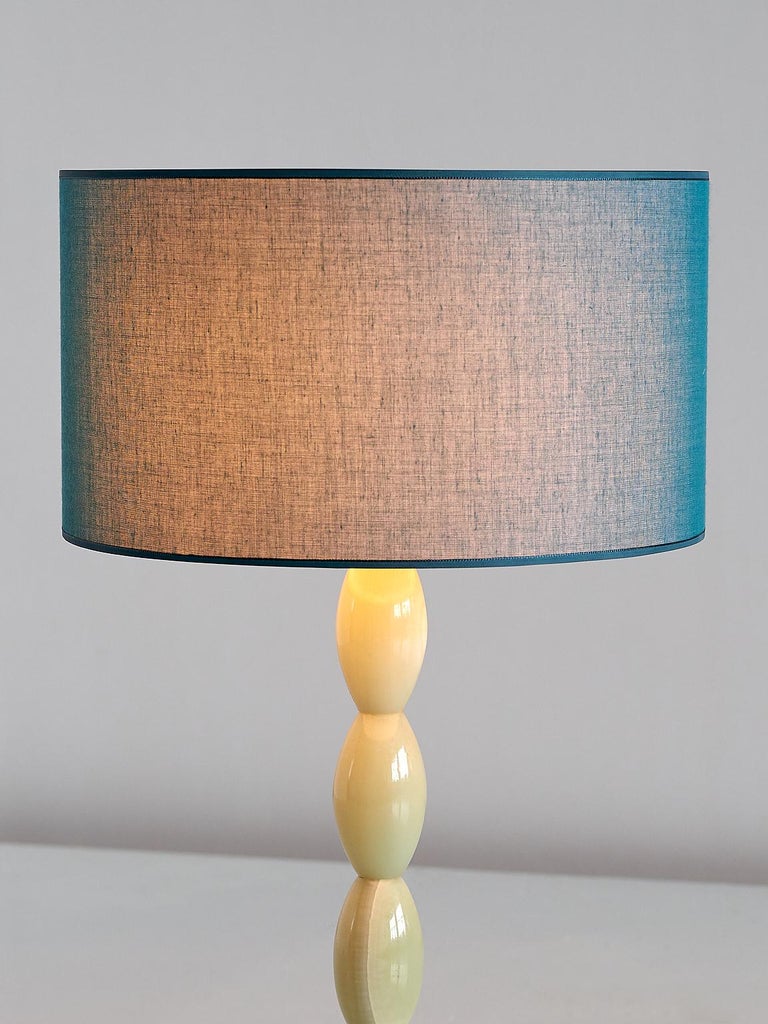 Light Green Onyx Table Lamp with Stacked Oval Base and Blue Shade