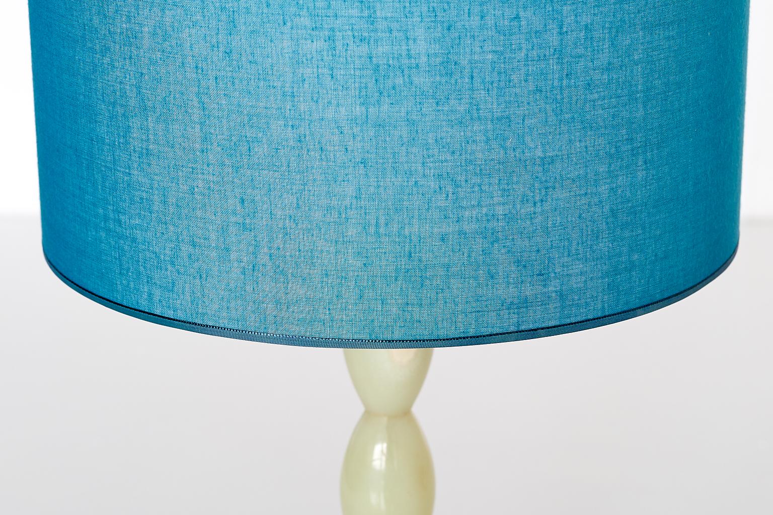 Light Green Onyx Table Lamp with Stacked Oval Base and Blue Shade, France, 1970s 2
