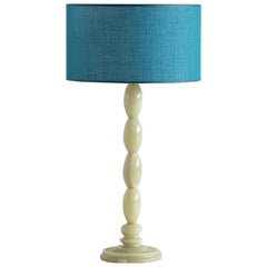 Light Green Onyx Table Lamp with Stacked Oval Base and Blue Shade, France, 1970s