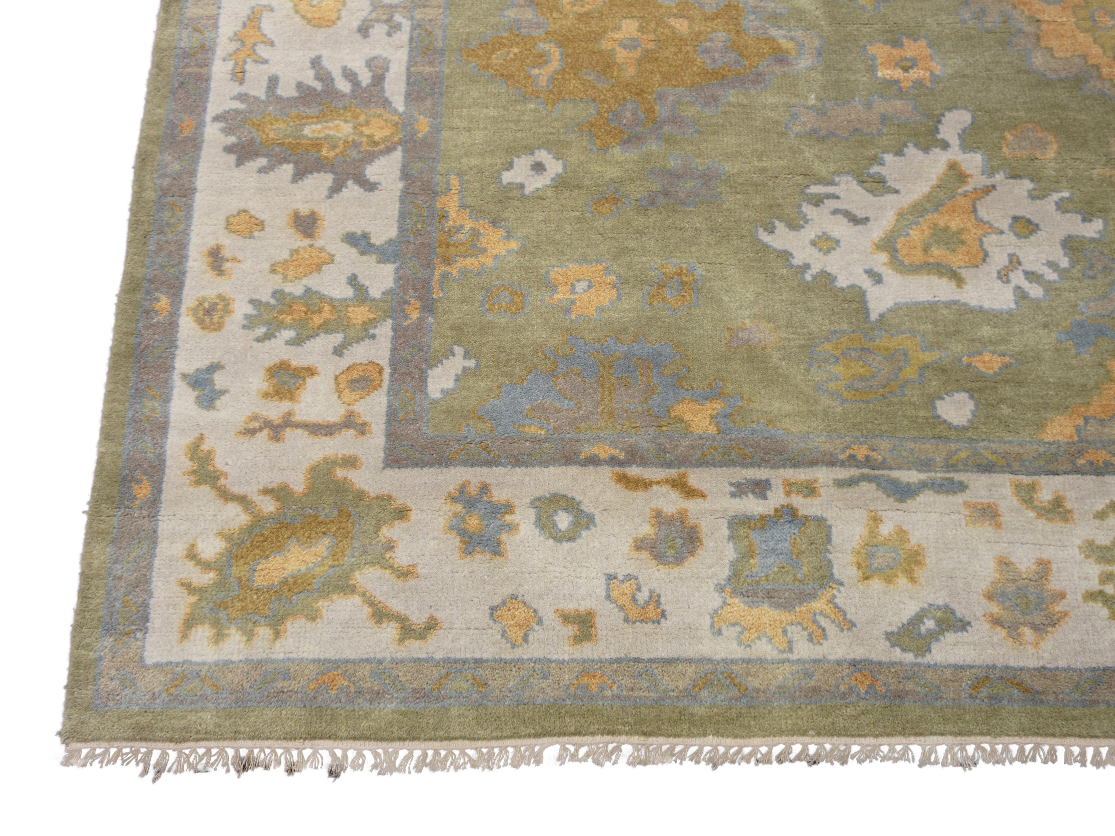 Hand-Knotted Light-Green Oushak Area Rug For Sale