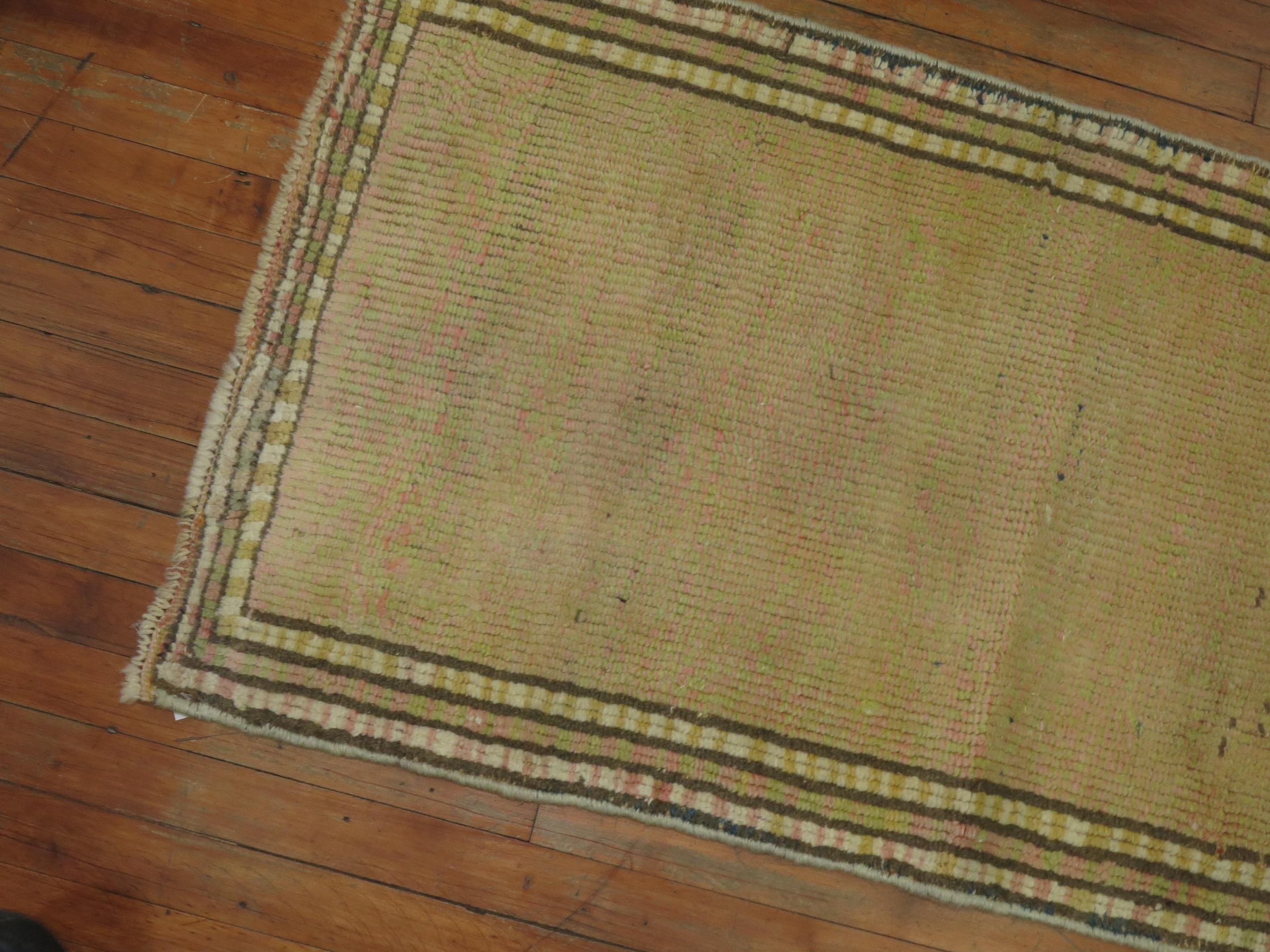 Light Green Pink Paster Turkish Narrow Short Oushak Runner In Good Condition In New York, NY