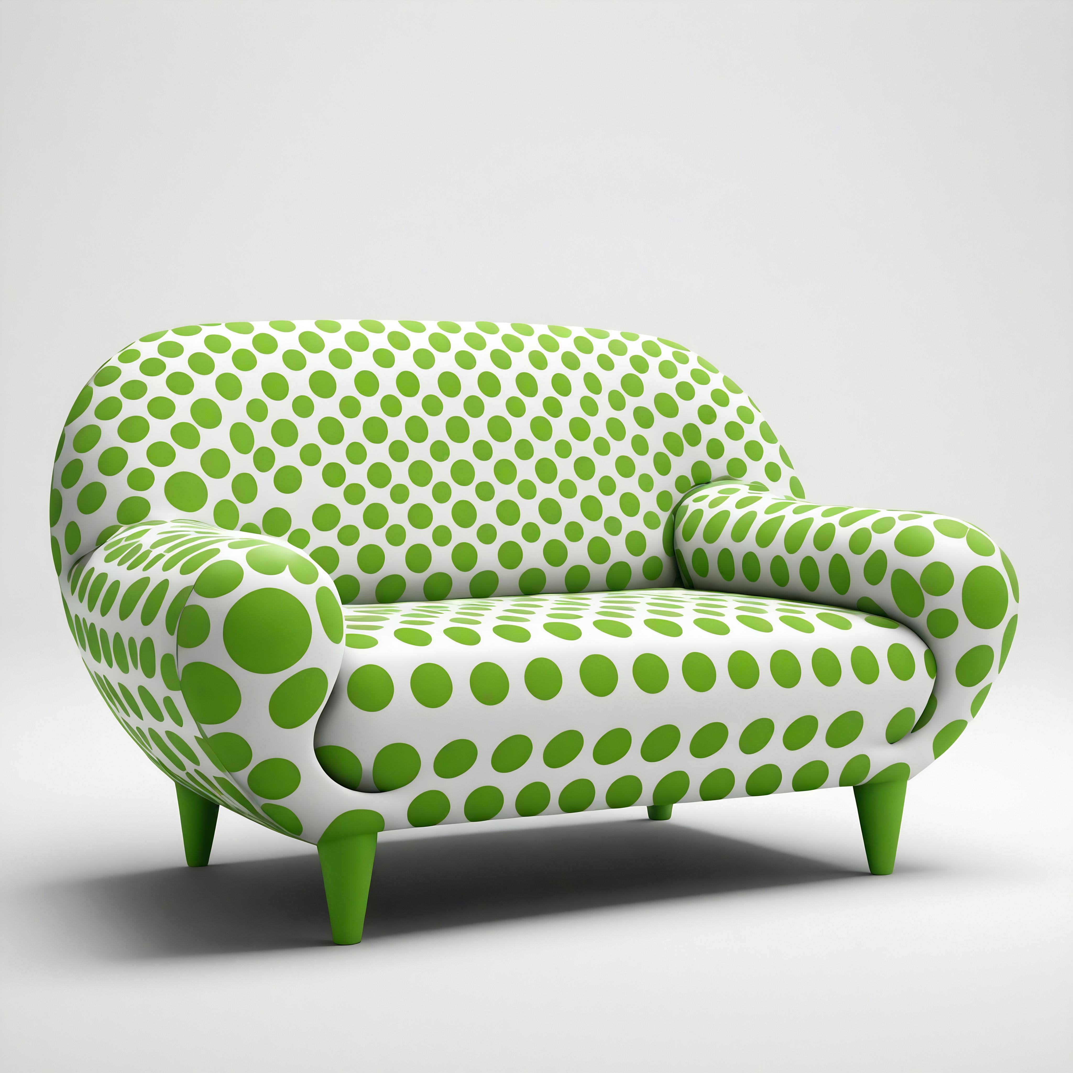 Unser von Yayoi Kusama inspirierter Loungesessel ist eine einzigartige Verschmelzung von zeitgenössischem Design und traditioneller Handwerkskunst. Dieser auffallend weiße Stuhl ist mit verspielten hellgrünen Tupfen verziert und fängt die Essenz von