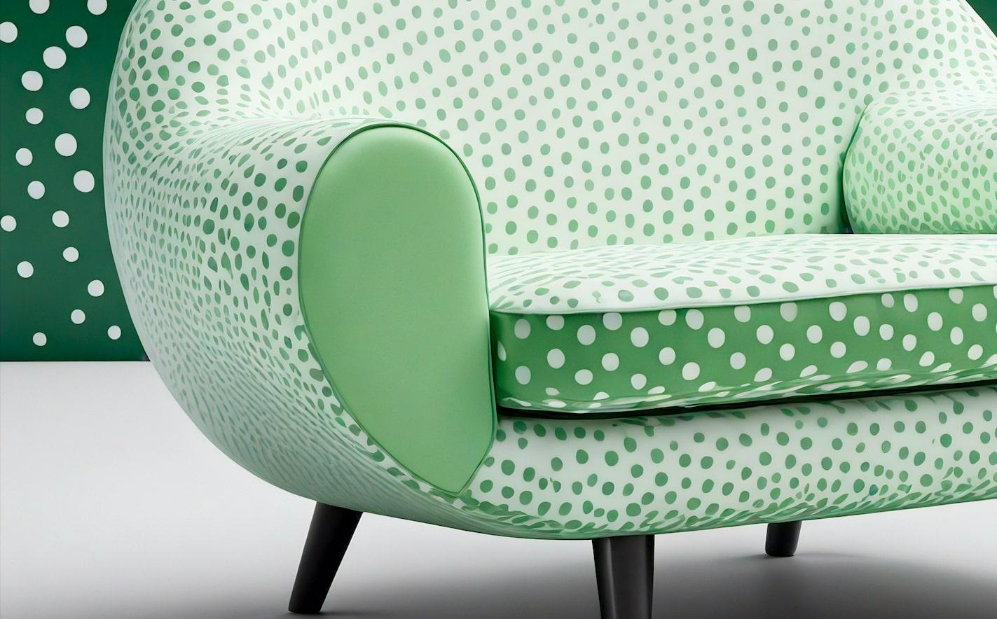 Unser von Yayoi Kusama inspirierter Loungesessel ist eine einzigartige Verschmelzung von zeitgenössischem Design und traditioneller Handwerkskunst. Dieser auffallend weiße Stuhl ist mit verspielten hellgrünen Tupfen verziert und fängt die Essenz von