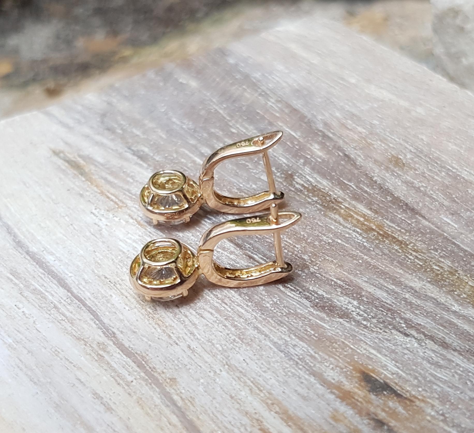 Round Cut Light Green Sapphire with Brown Diamond Earrings Set in 18 Karat Rose Gold  For Sale