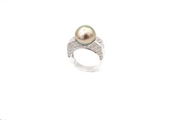 Light Green Tahitian Pearl Multi Textured Faceted Diamond White 18K Gold Ring