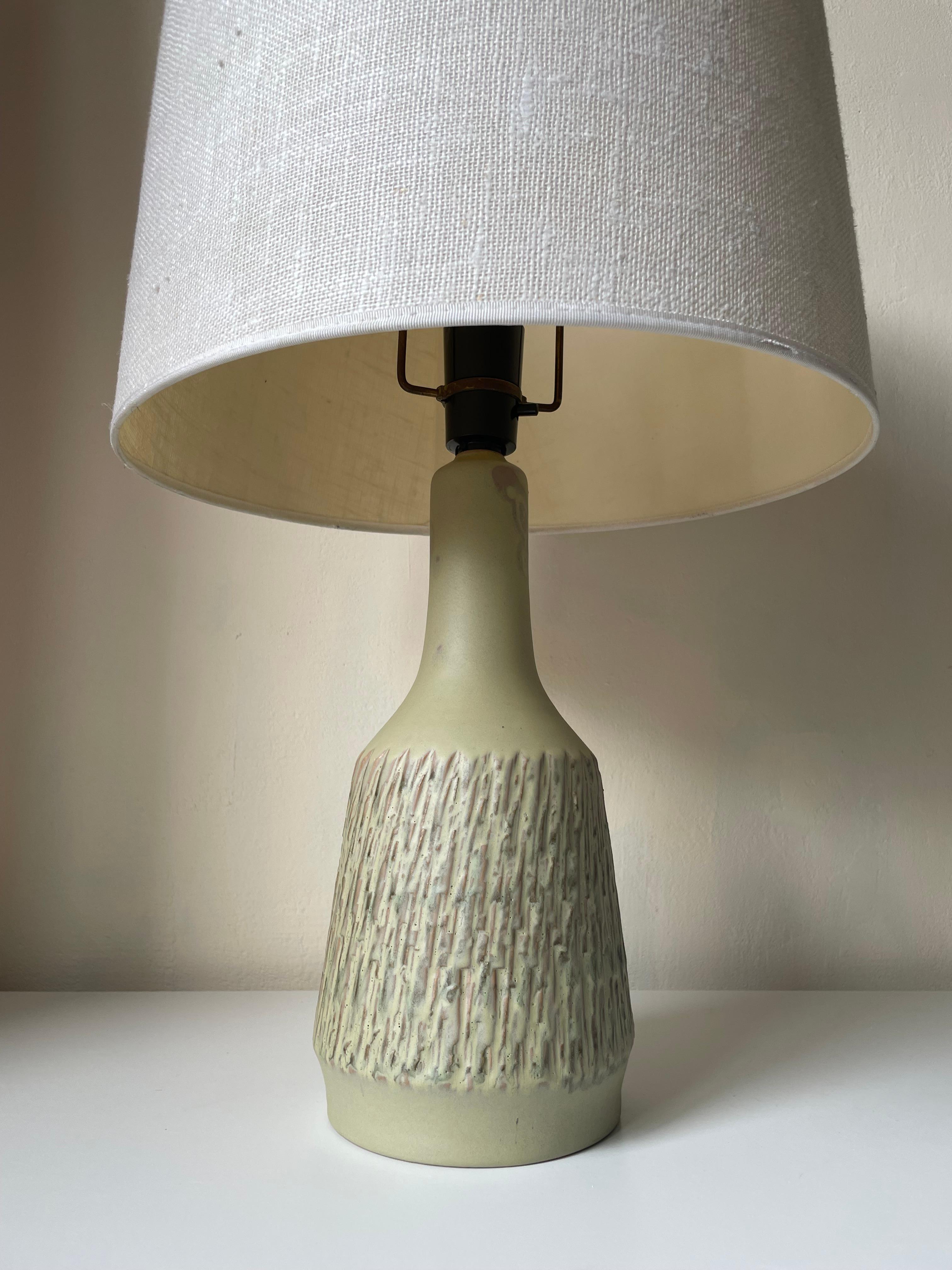 Hand-Carved Light Green Textured Ceramic Table Lamp, 1960s For Sale