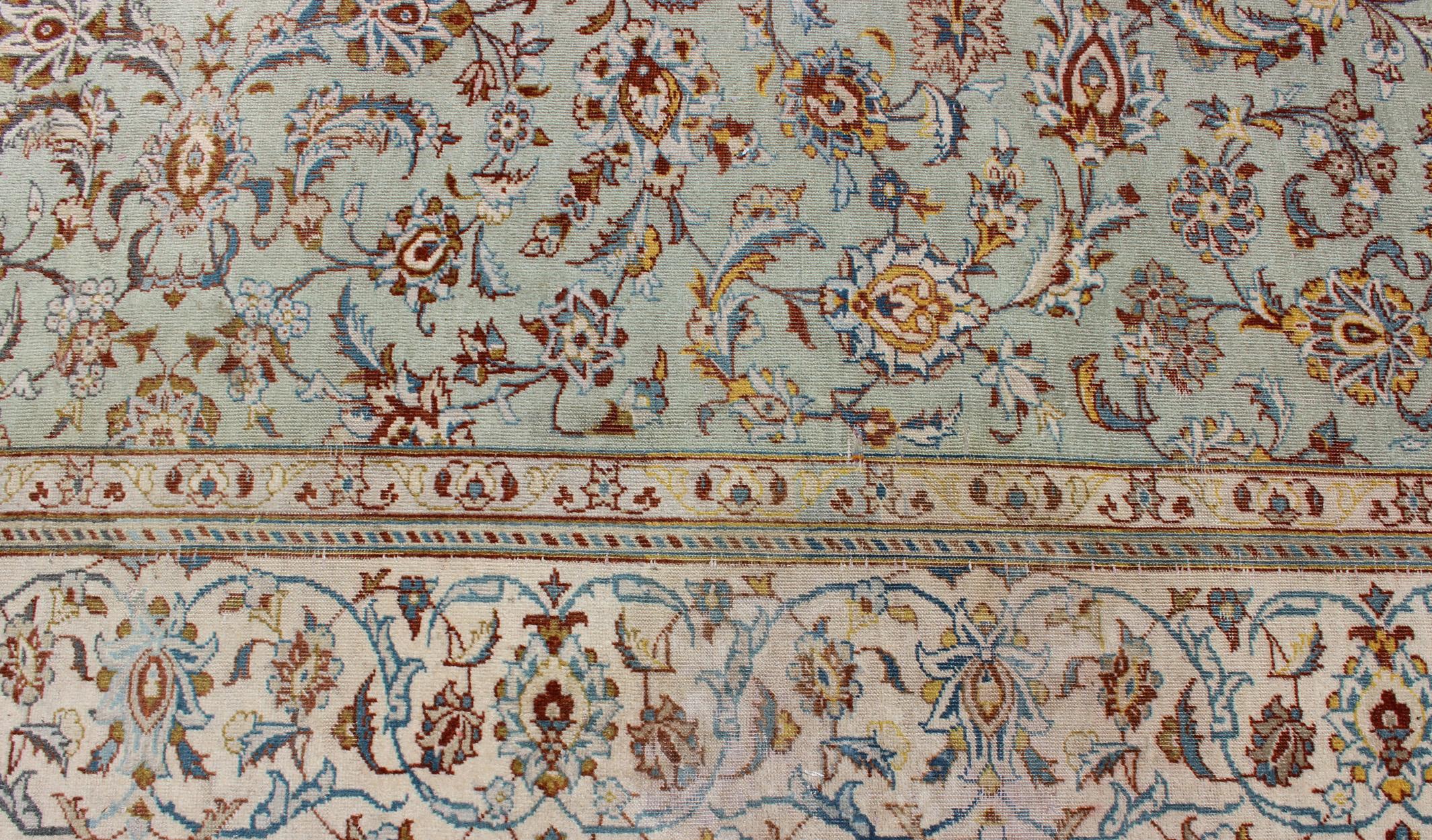 Light Green Vintage Persian Kashan Rug With All Over Design 1