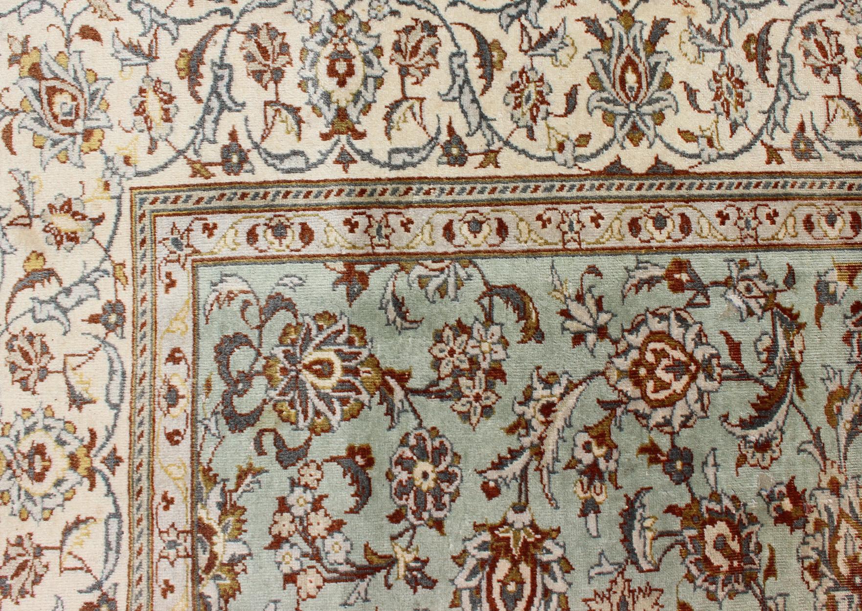 Light Green Vintage Persian Kashan Rug With All Over Design 2