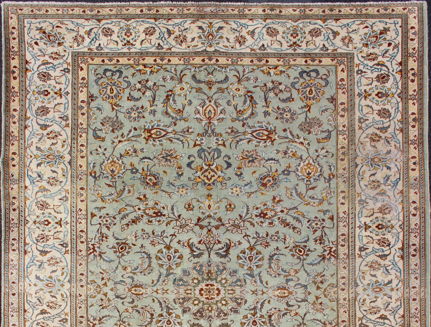 Light Green Vintage Persian Kashan Rug With All Over Design 4