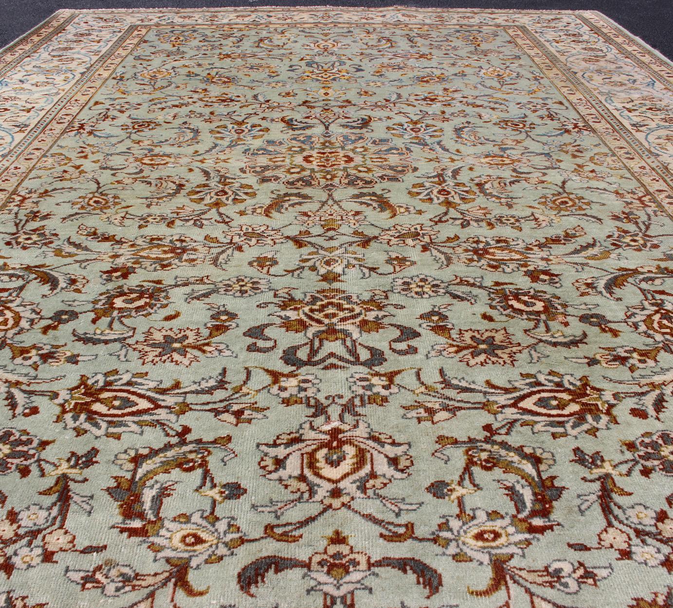 Hand-Knotted Light Green Vintage Persian Kashan Rug With All Over Design