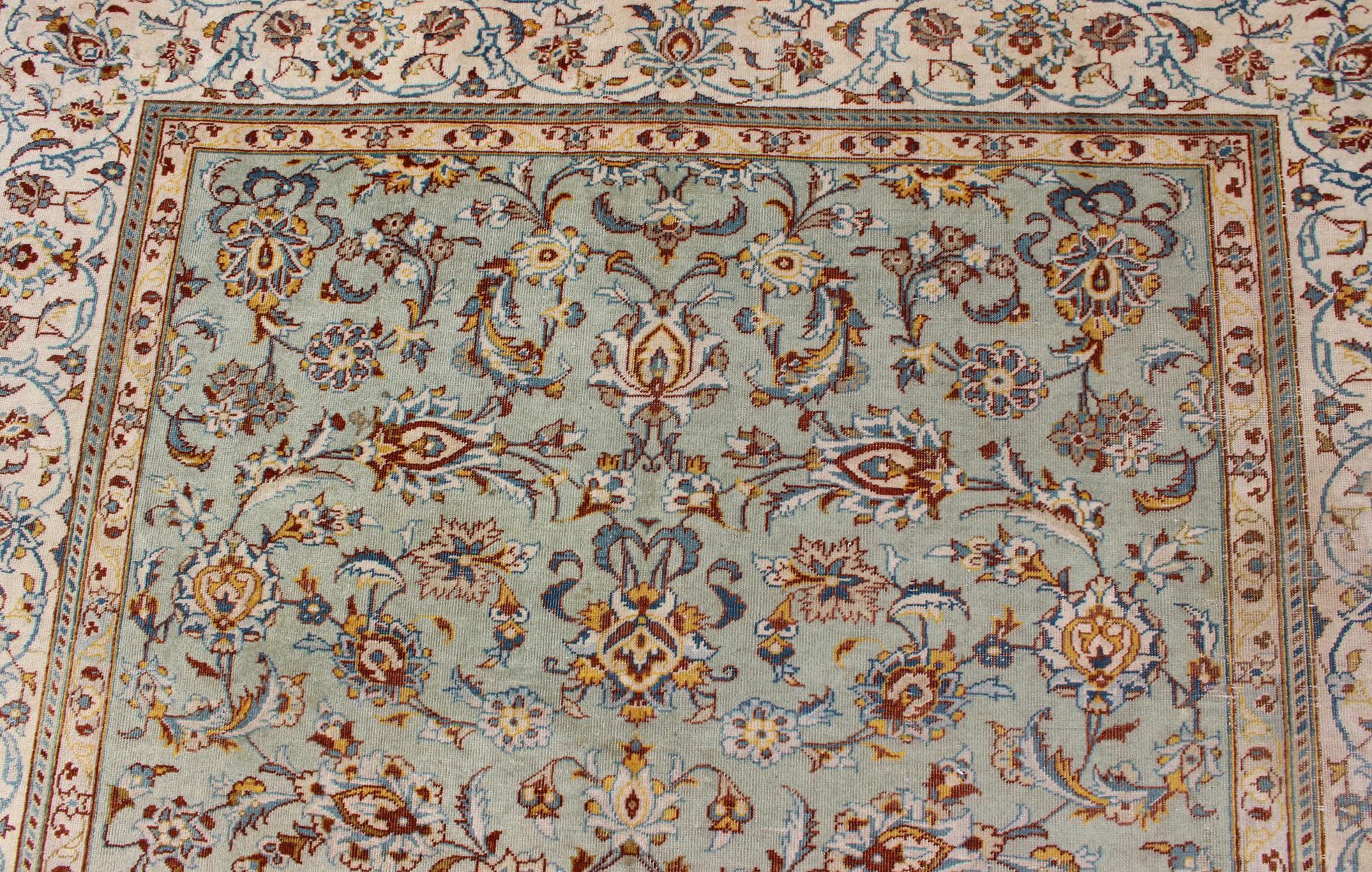 20th Century Light Green Vintage Persian Kashan Rug With All Over Design
