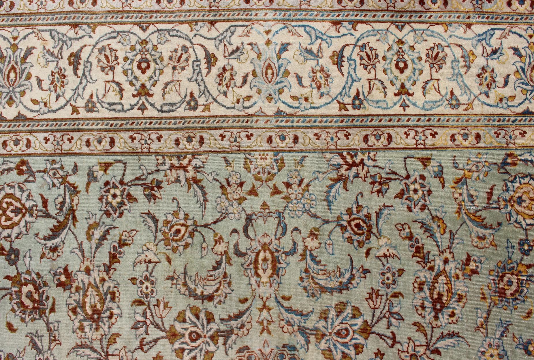 Wool Light Green Vintage Persian Kashan Rug With All Over Design