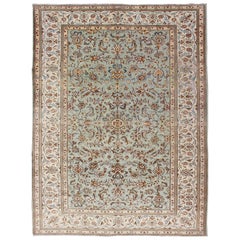 Light Green Vintage Persian Kashan Rug With All Over Design