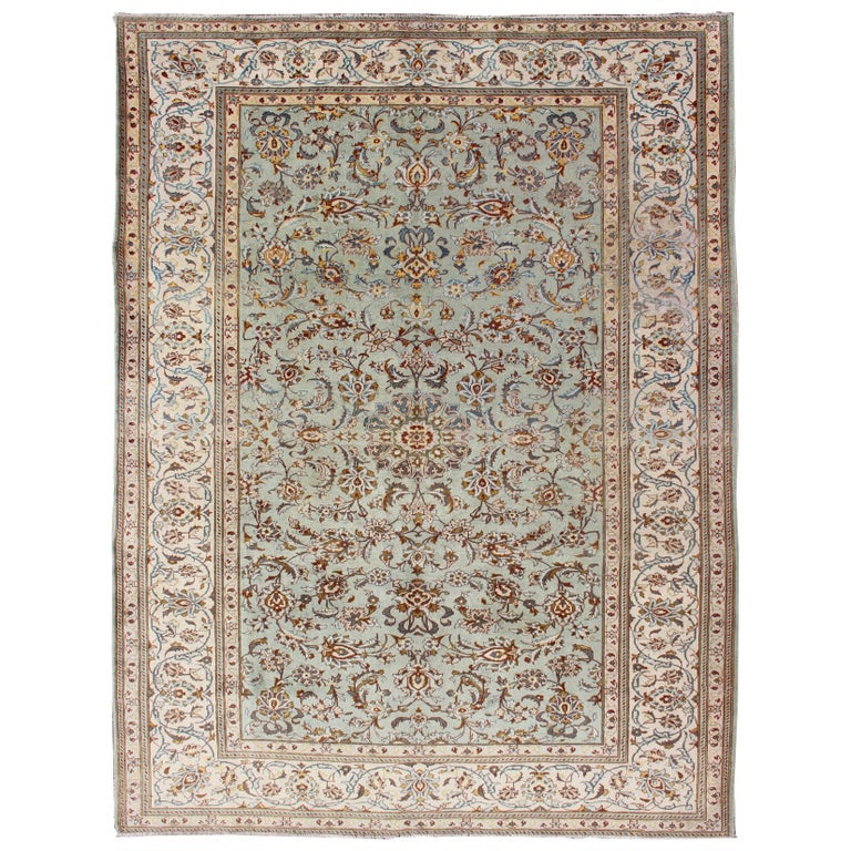 Light Green Vintage Persian Kashan Rug With All Over Design For Sale at
