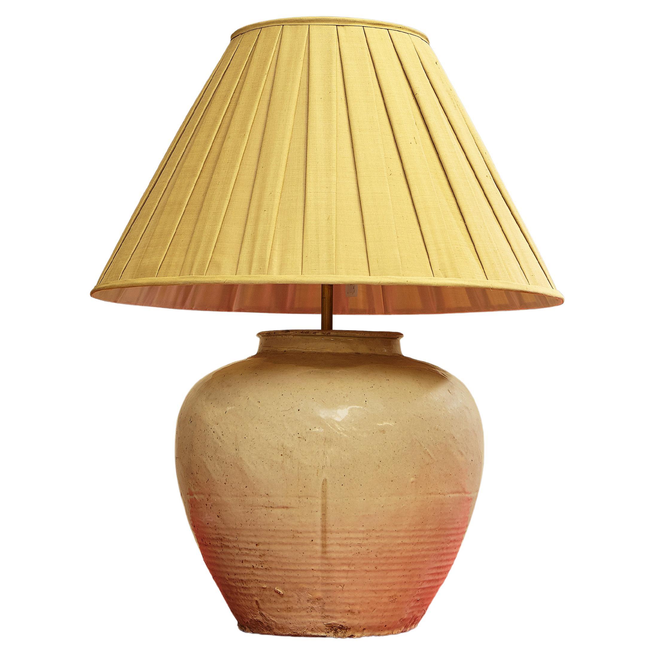 Light Grey Chinese Glazed Pottery Table Lamp For Sale