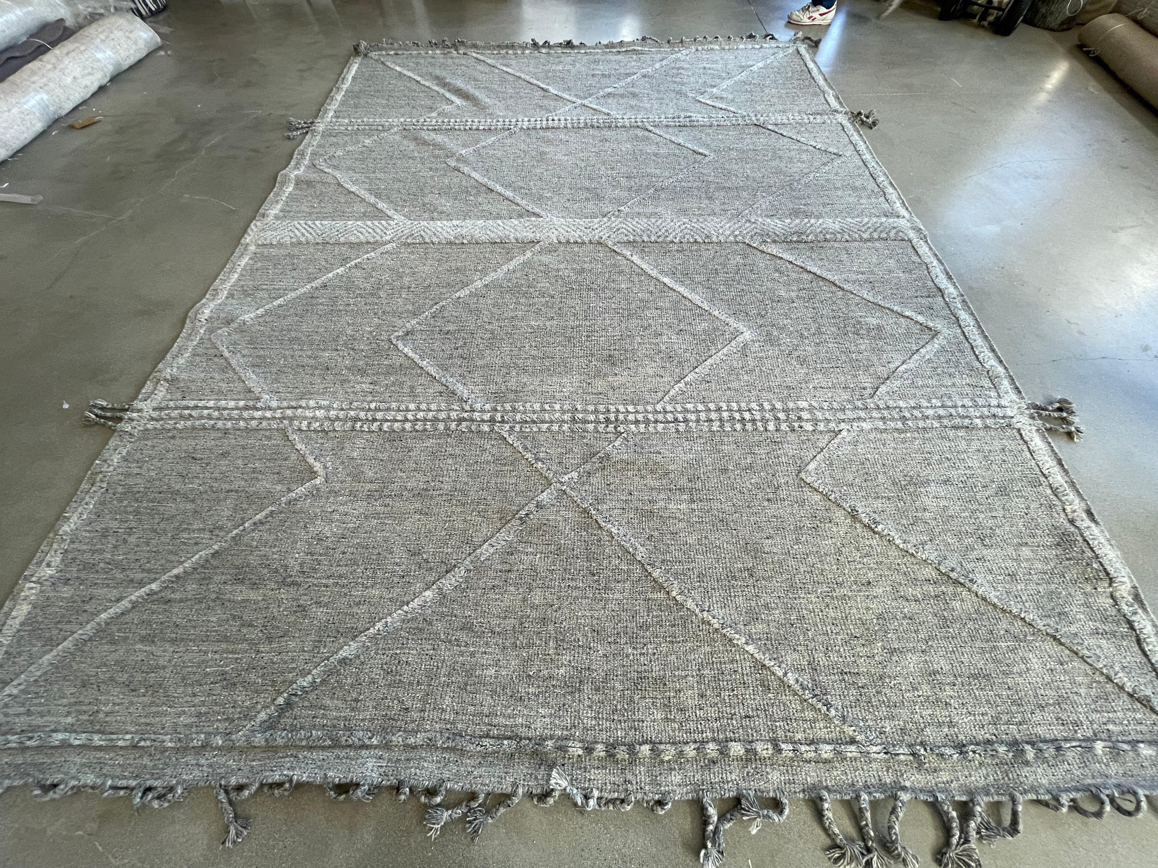 Contemporary Light Grey and Dark Grey High Low Moroccan Design Area Rug For Sale