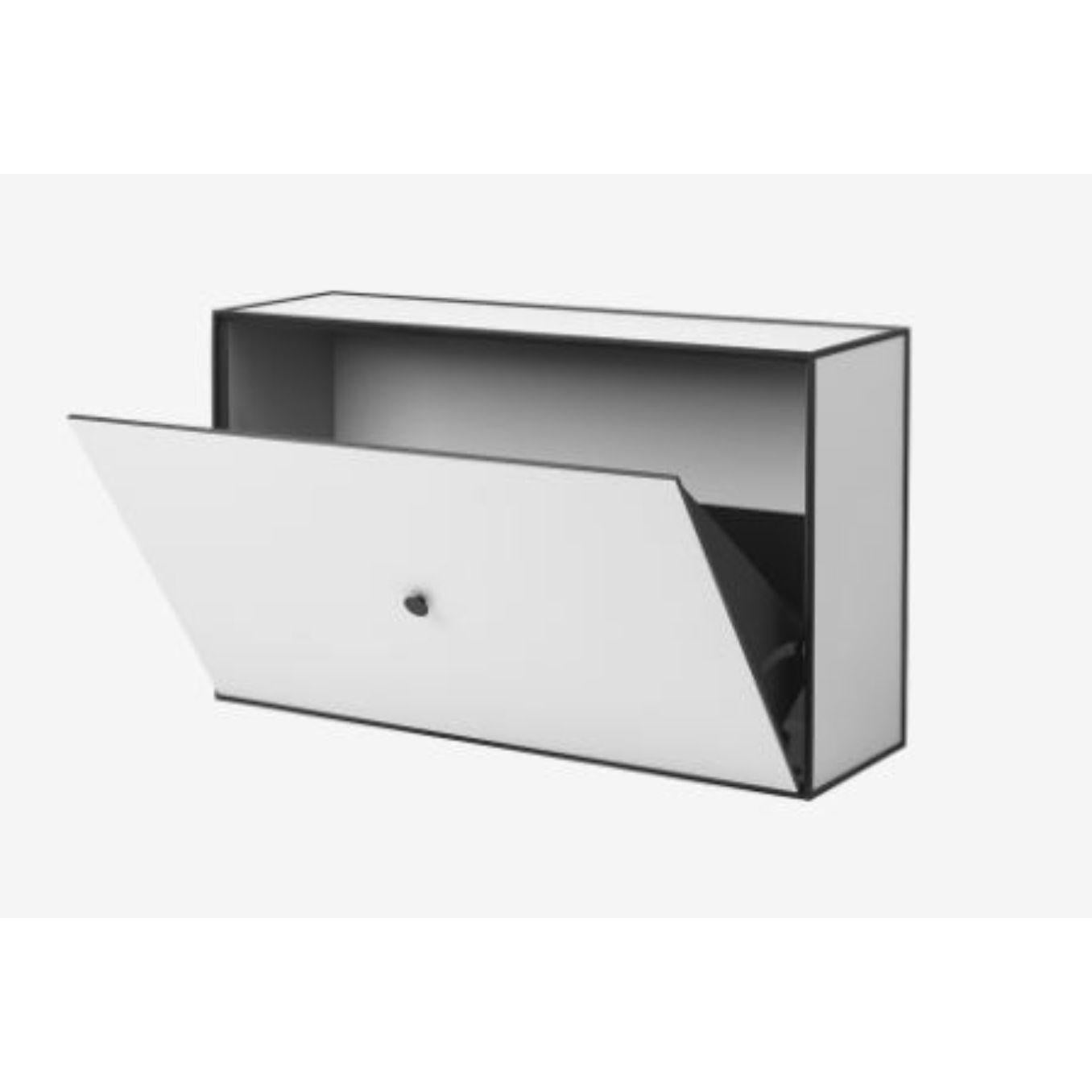 Light grey frame shoe cabinet by Lassen
Dimensions: D 70 x W 21 x H 42 cm 
Materials: Finér, Melamin, Melamine, Metal, Veneer
Also available in different colors and dimensions. 
Weight: 20 Kg

By Lassen is a Danish design brand focused on