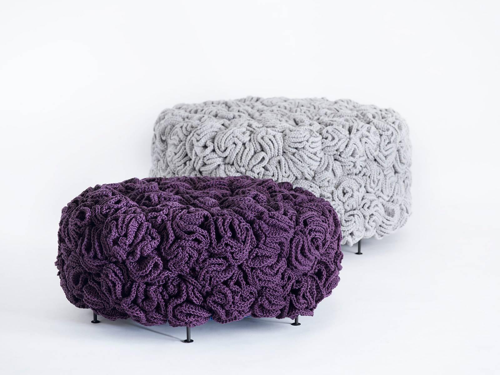 Israeli Light Grey Gold Pouf, Handmade Crochet elements in Cotton & Polyester