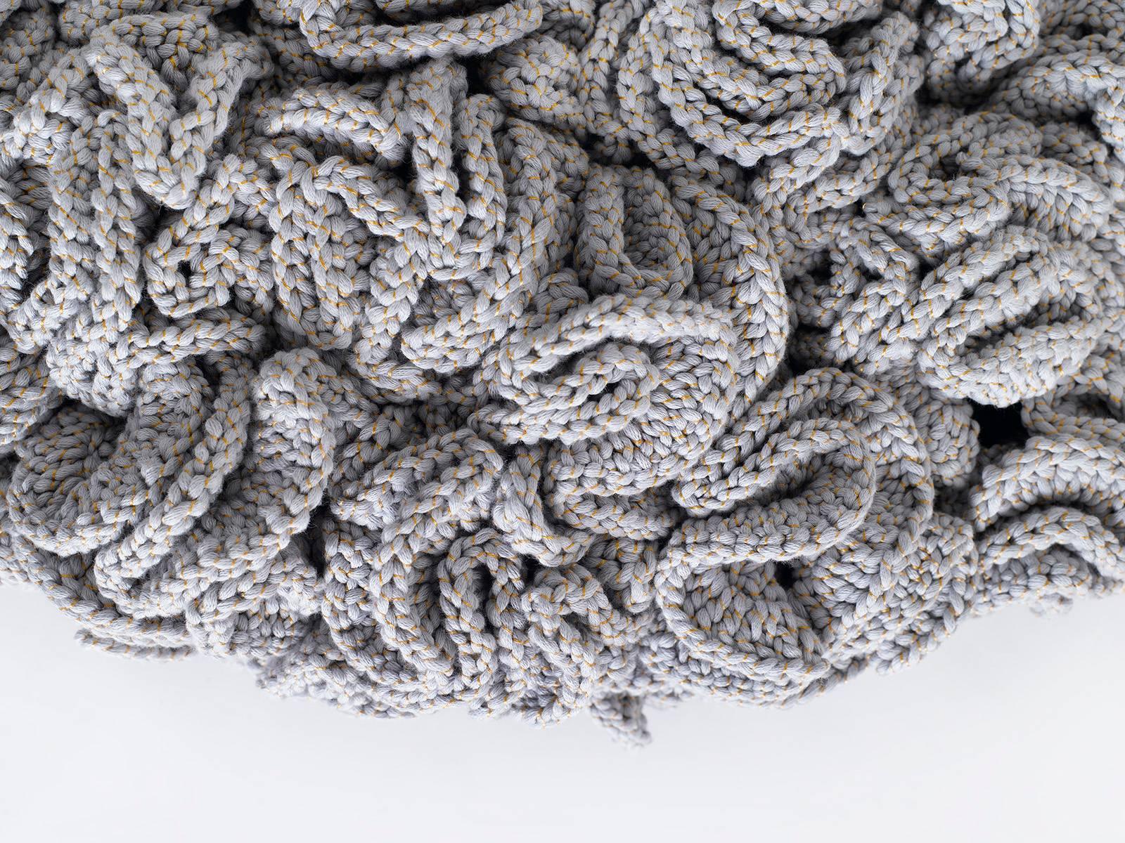 Light Grey Gold Pouf, Handmade Crochet elements in Cotton & Polyester In New Condition In Tel Aviv, IL