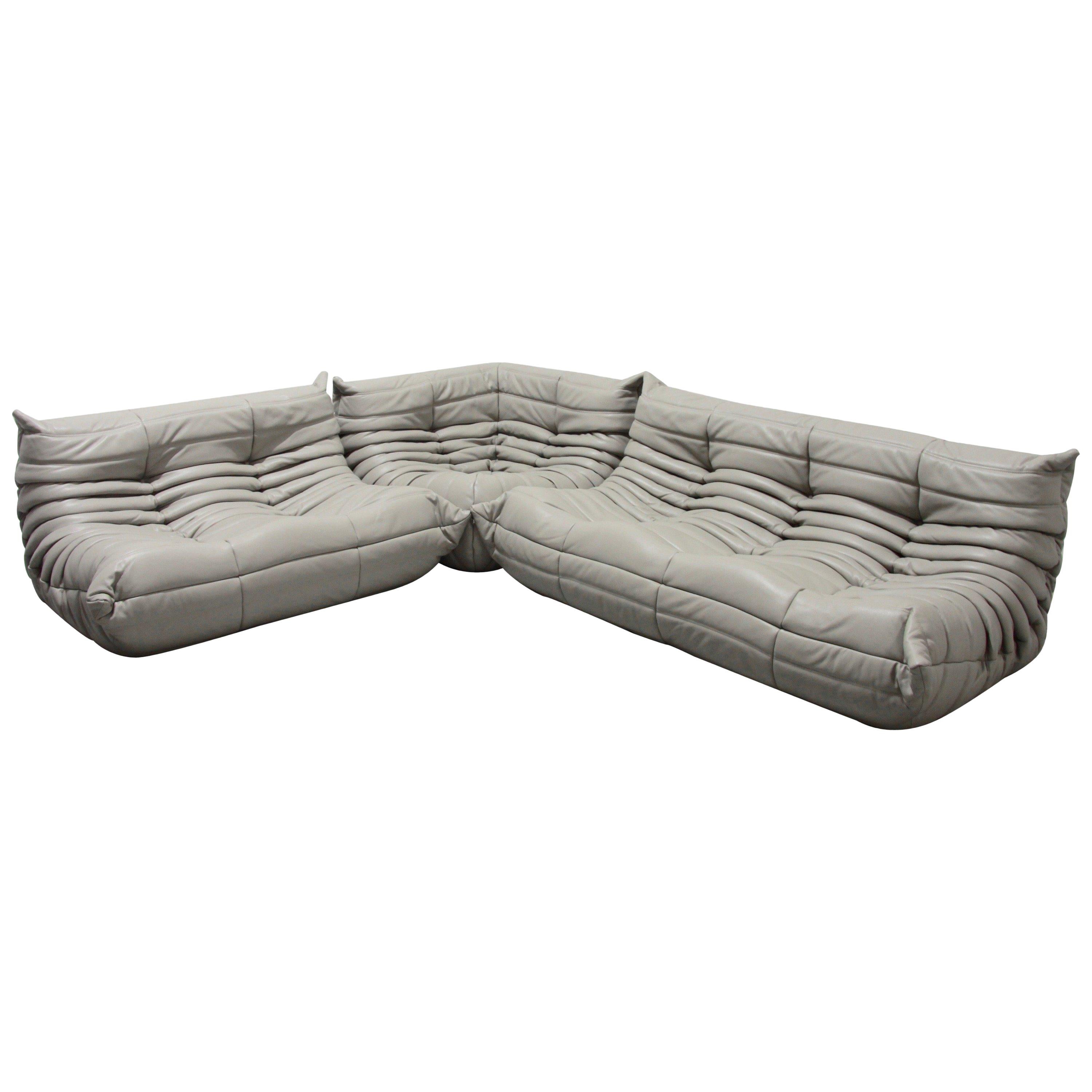 Light Grey Leather Togo Living Room Set by Michel Ducaroy for Ligne Roset For Sale