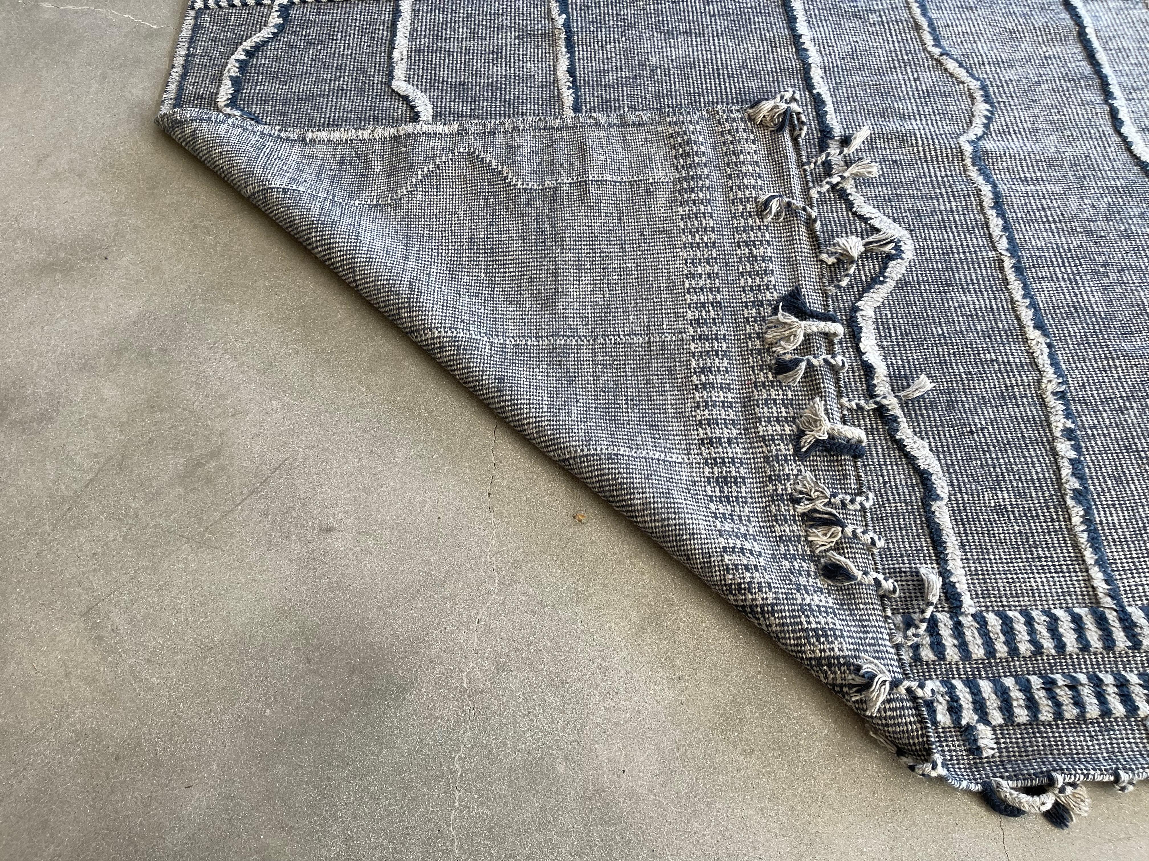 Indian Light Grey & Navy Blue Striped Moroccan Design Area Rug For Sale