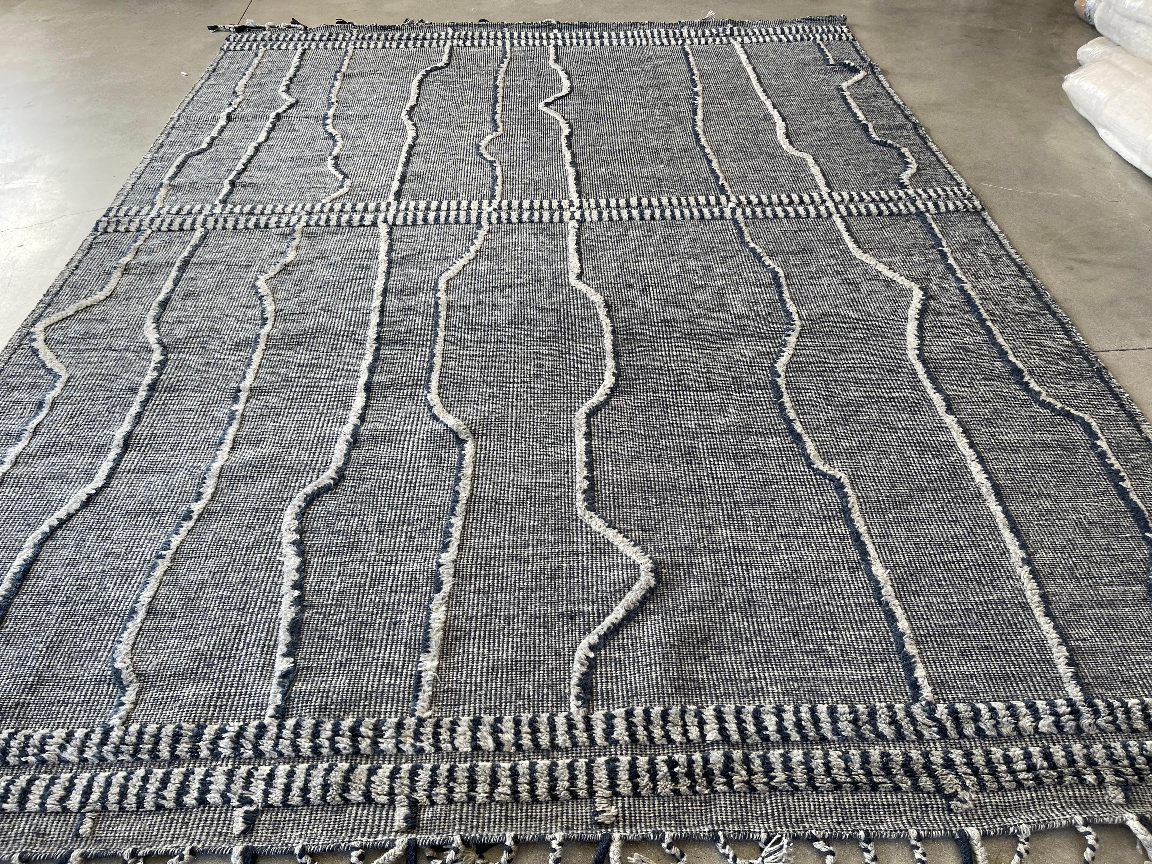 Hand-Knotted Light Grey & Navy Blue Striped Moroccan Design Area Rug For Sale