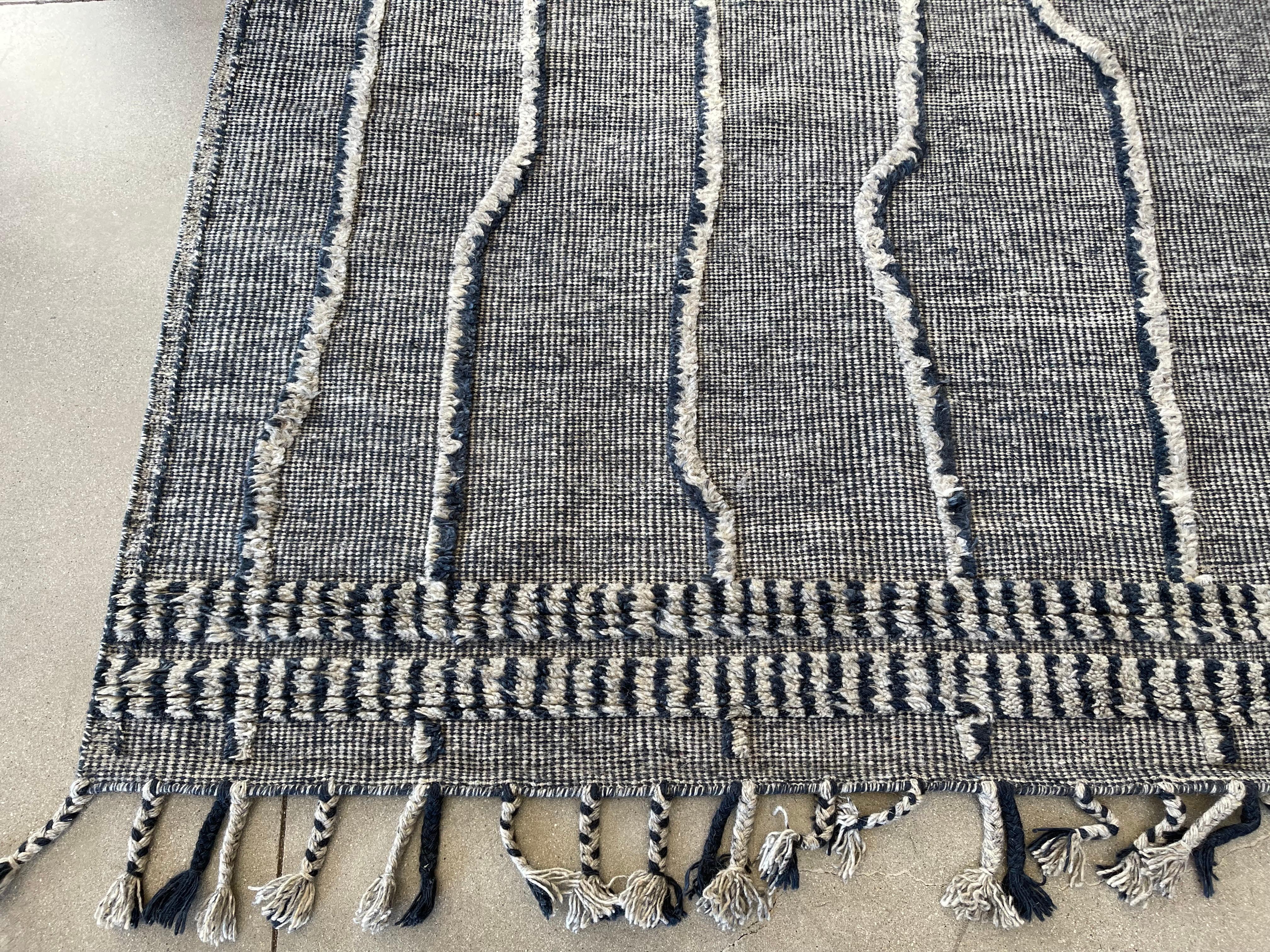 Light Grey & Navy Blue Striped Moroccan Design Area Rug In New Condition For Sale In Los Angeles, CA