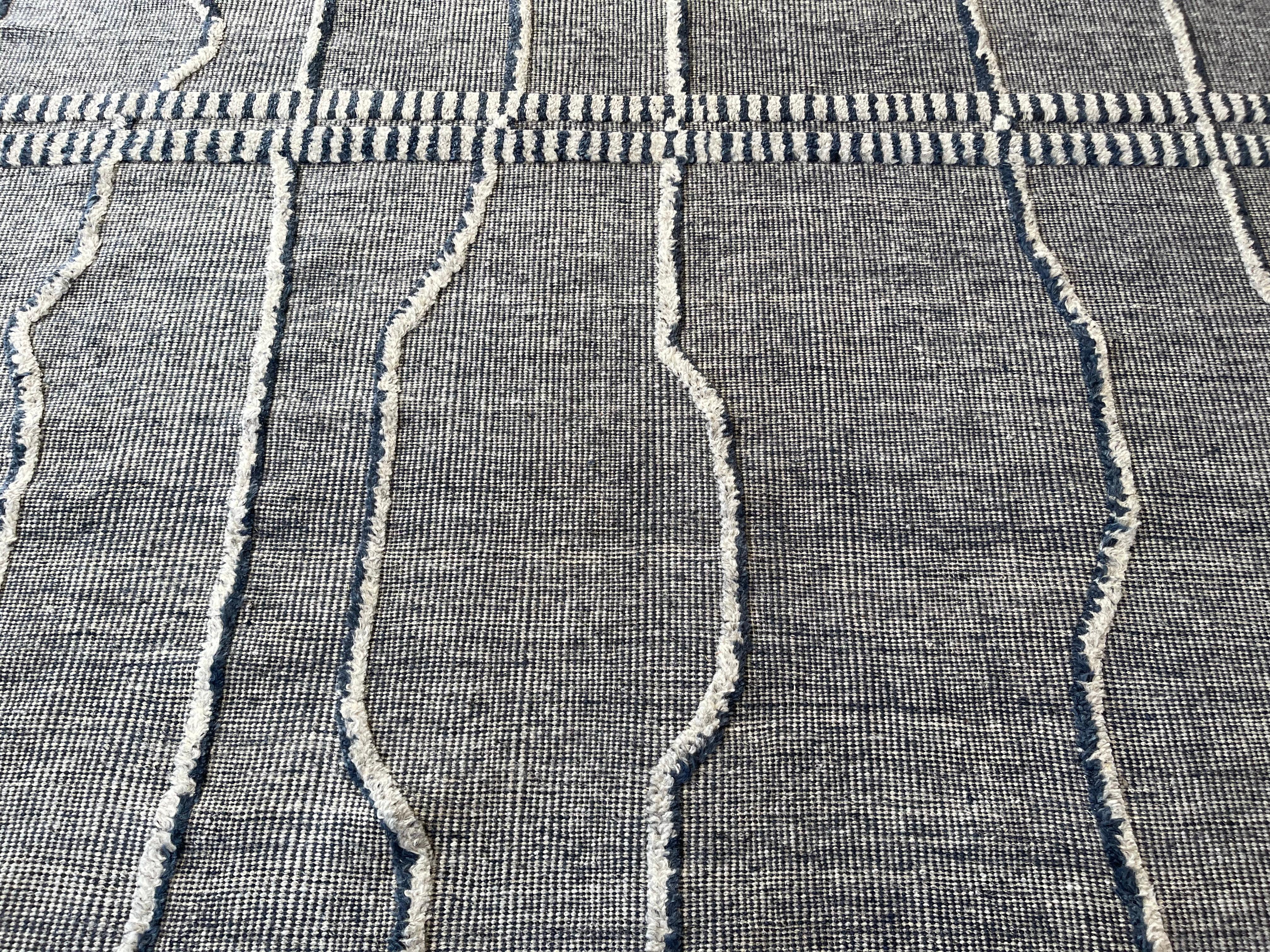 Contemporary Light Grey & Navy Blue Striped Moroccan Design Area Rug For Sale