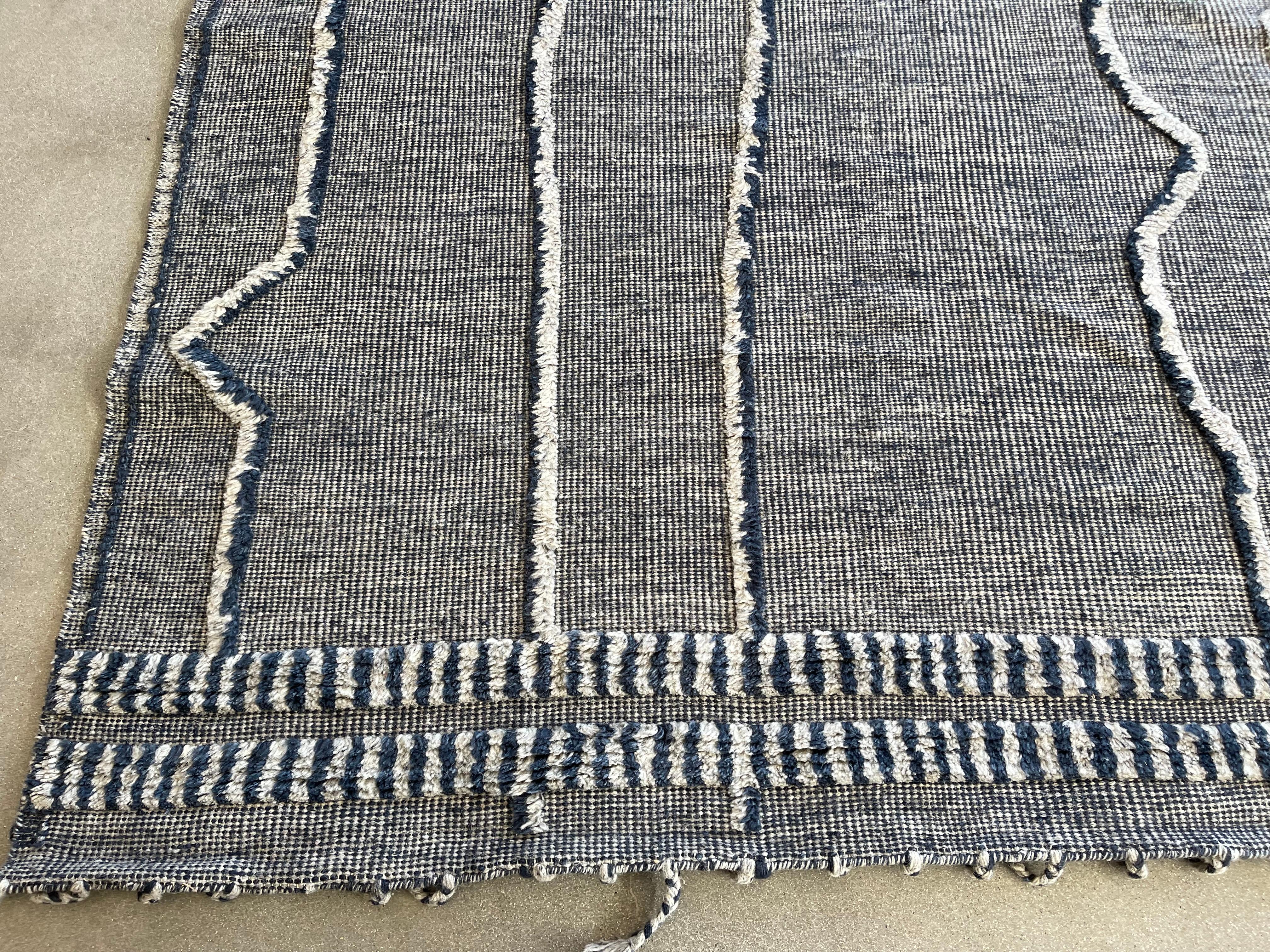 Light Grey & Navy Blue Striped Moroccan Design Area Rug For Sale 2