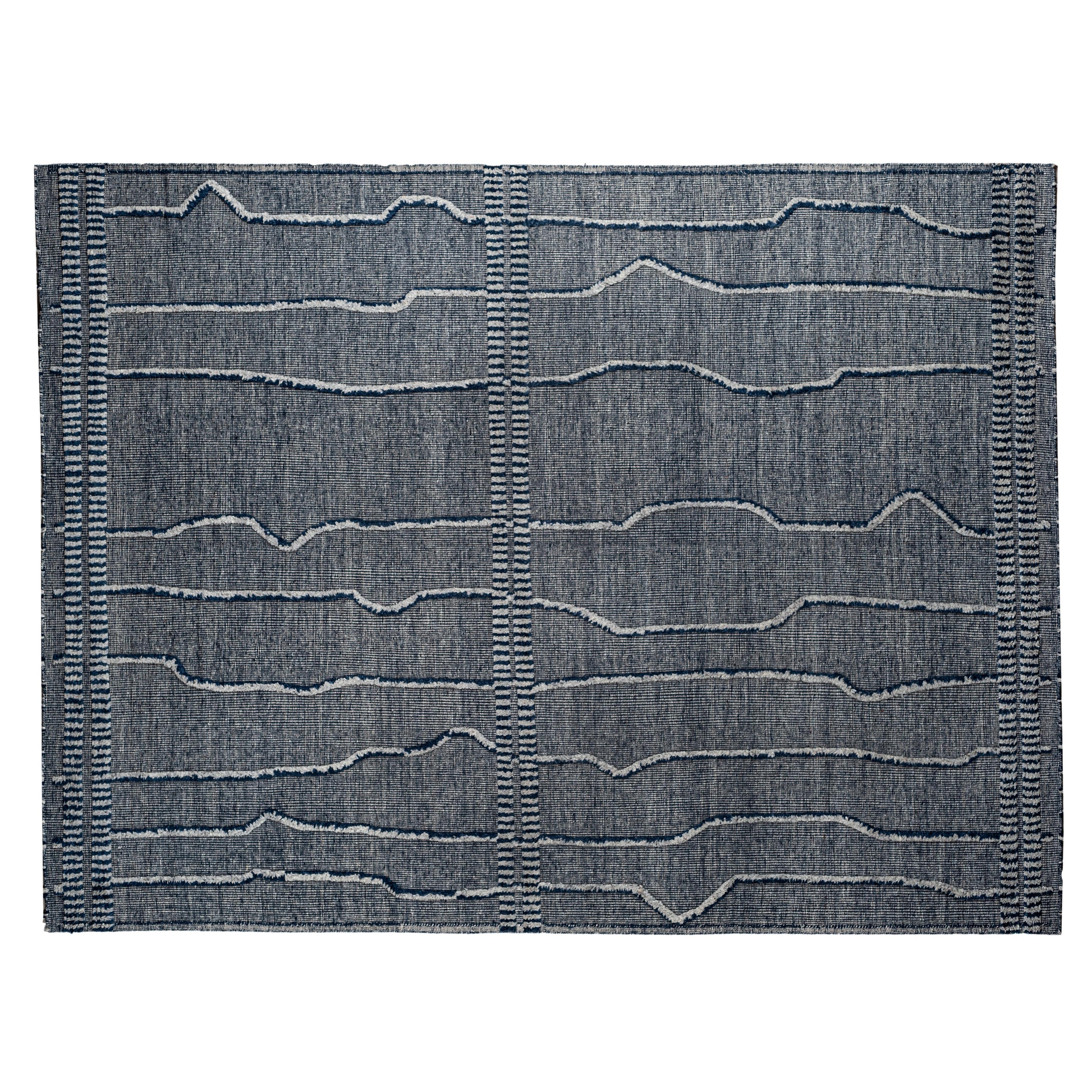 Light Grey & Navy Blue Striped Moroccan Design Area Rug For Sale