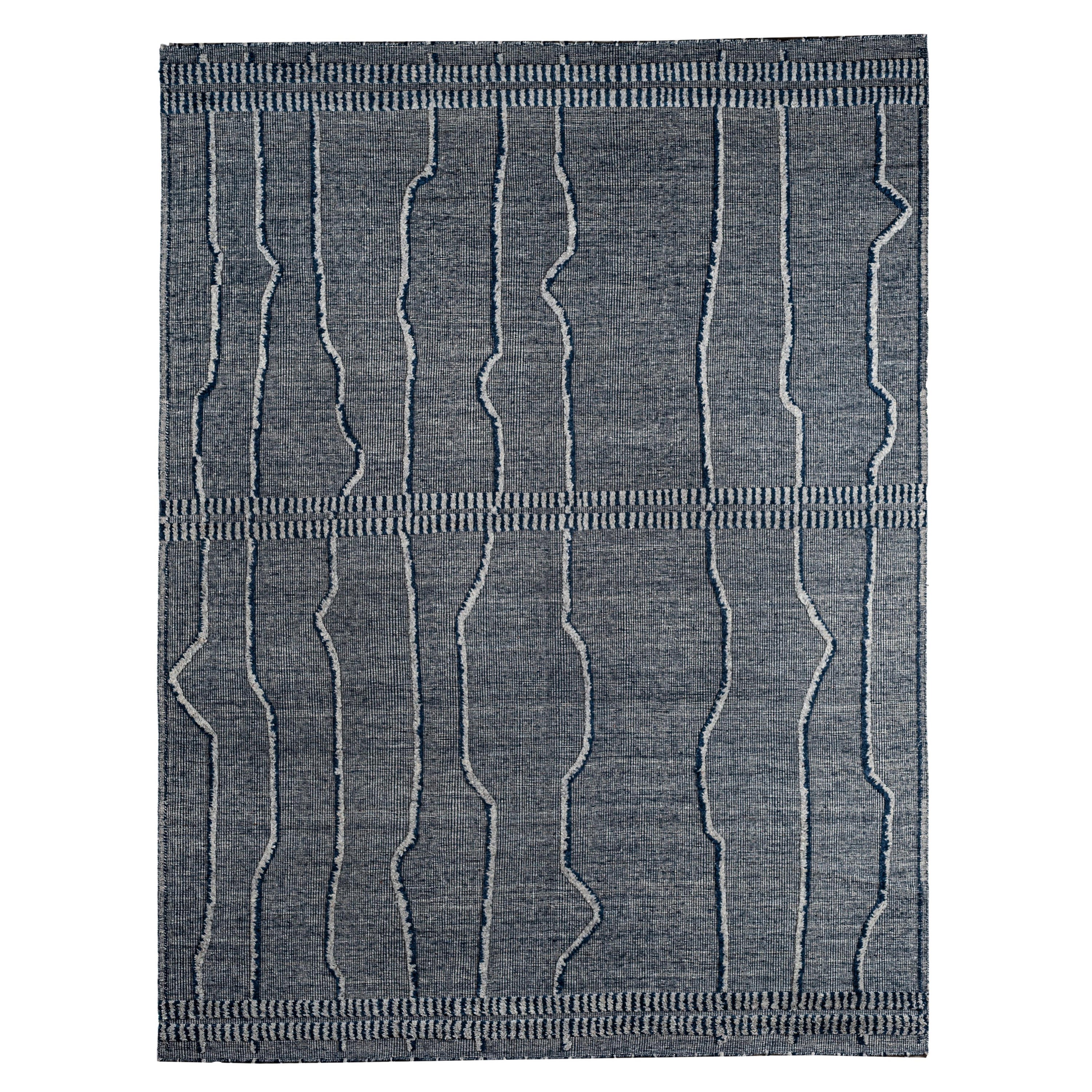 Hellgrauer und marineblauer gestreifter Teppich im marokkanischen Design