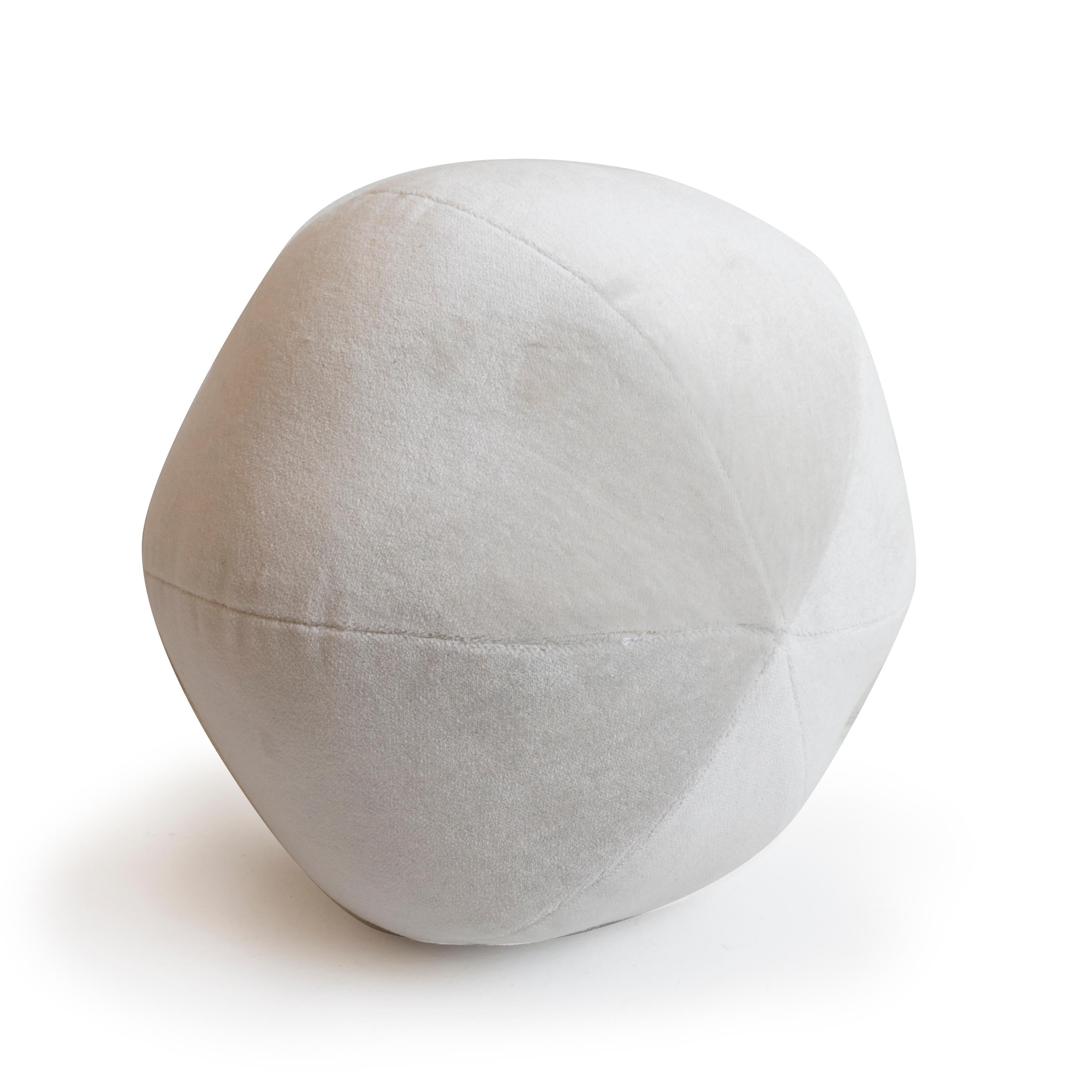 A round ball pillow hand sewn in a soft light grey fabric. 

Measurements: 9” height x 12” diameter.