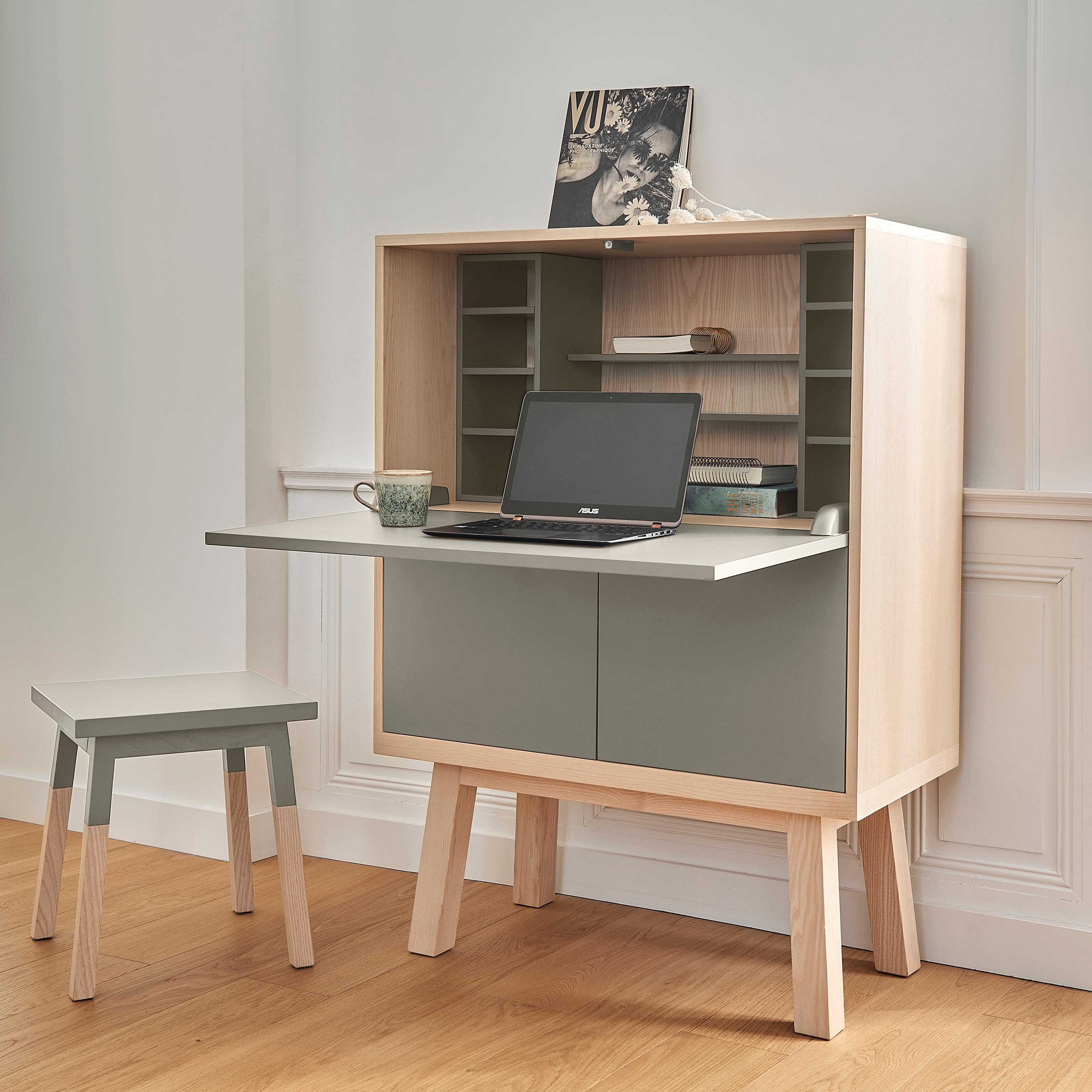 Scandinavian Modern Light Grey design secretaire desk in Ash, 11 colours and 2 widths are available For Sale